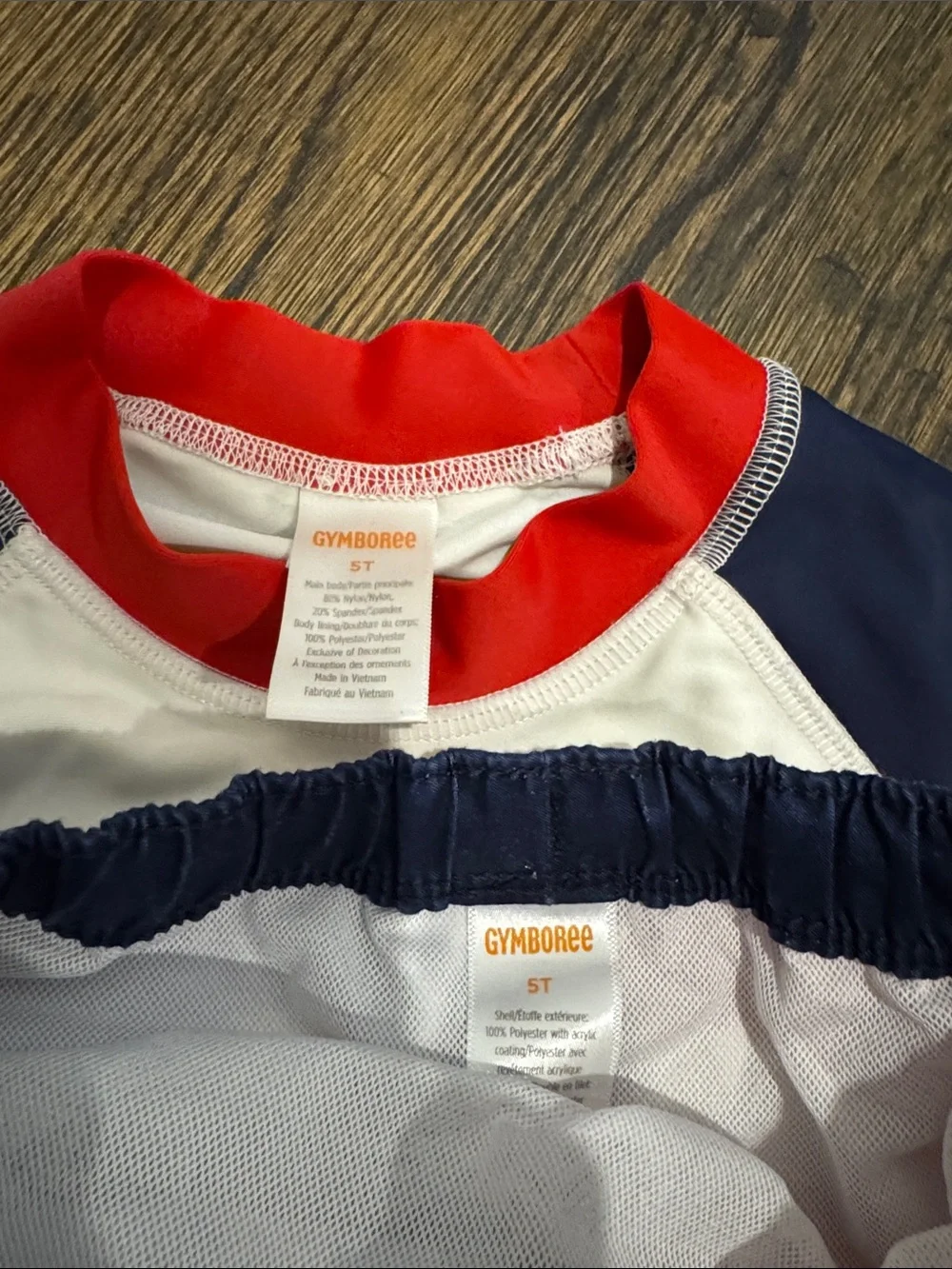 Patriotic shark swim trunks and rash guard